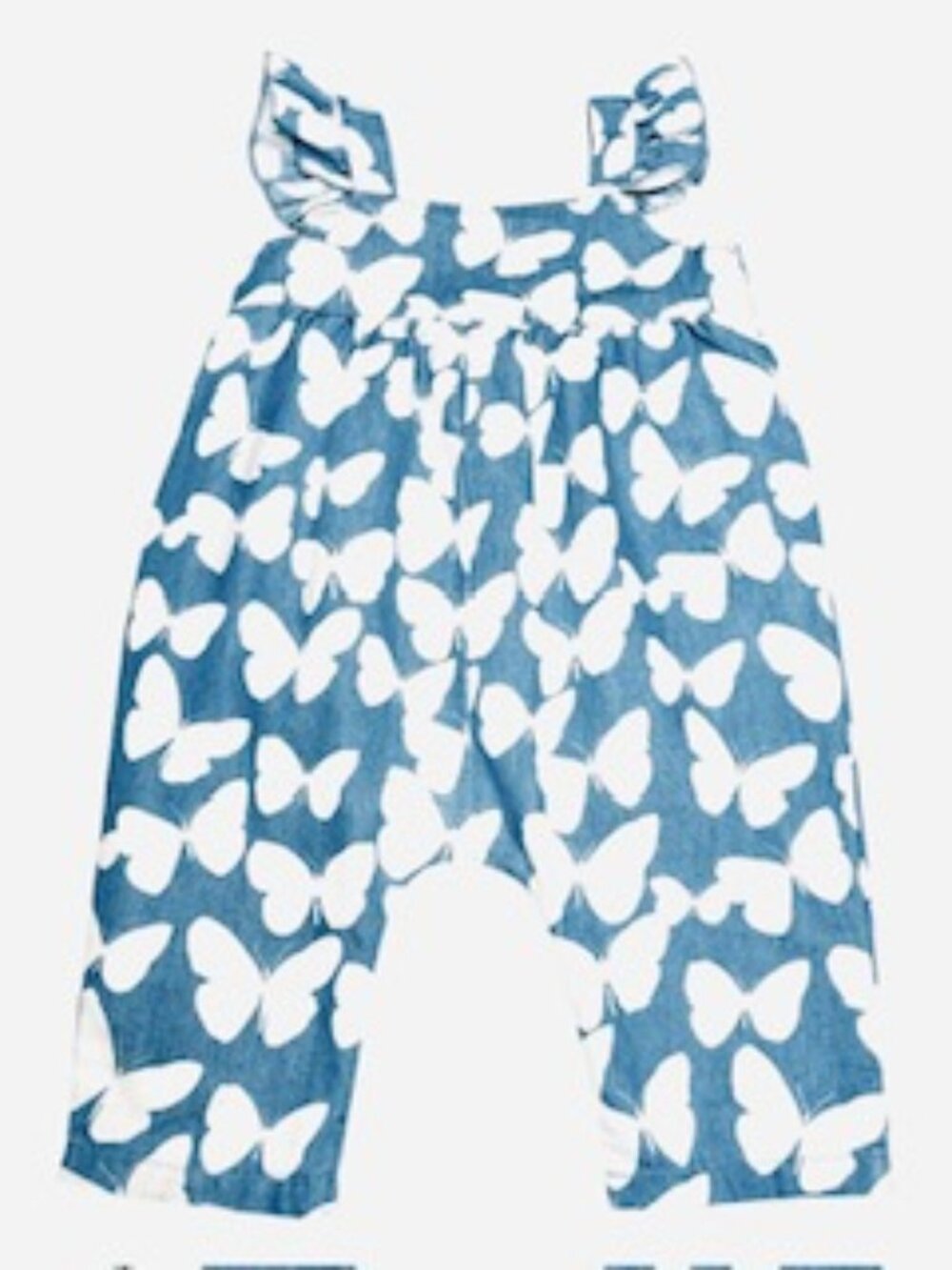 Girl’s Romper Play 1-Piece Overalls Blue White Butterflies Size 9-12m